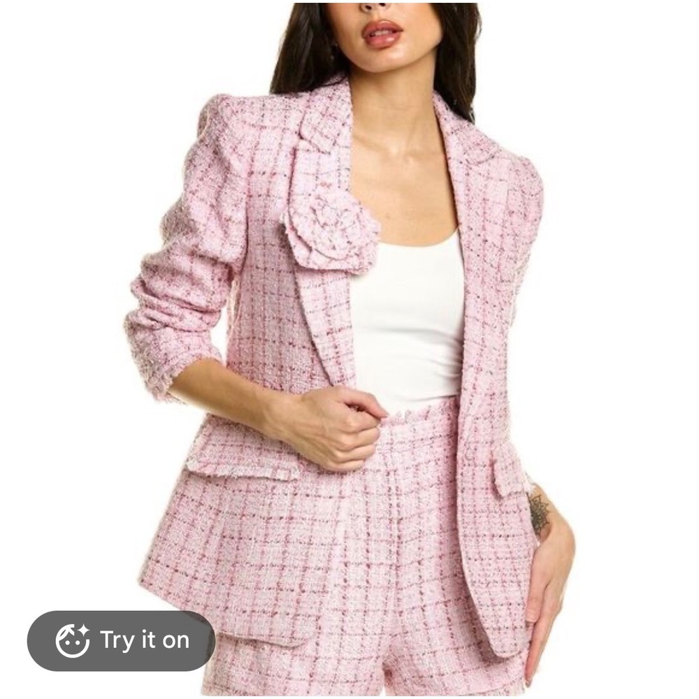 Cinq a Sept Pink Priscilla Tweed Ruched Sleeve Blazer Size 8